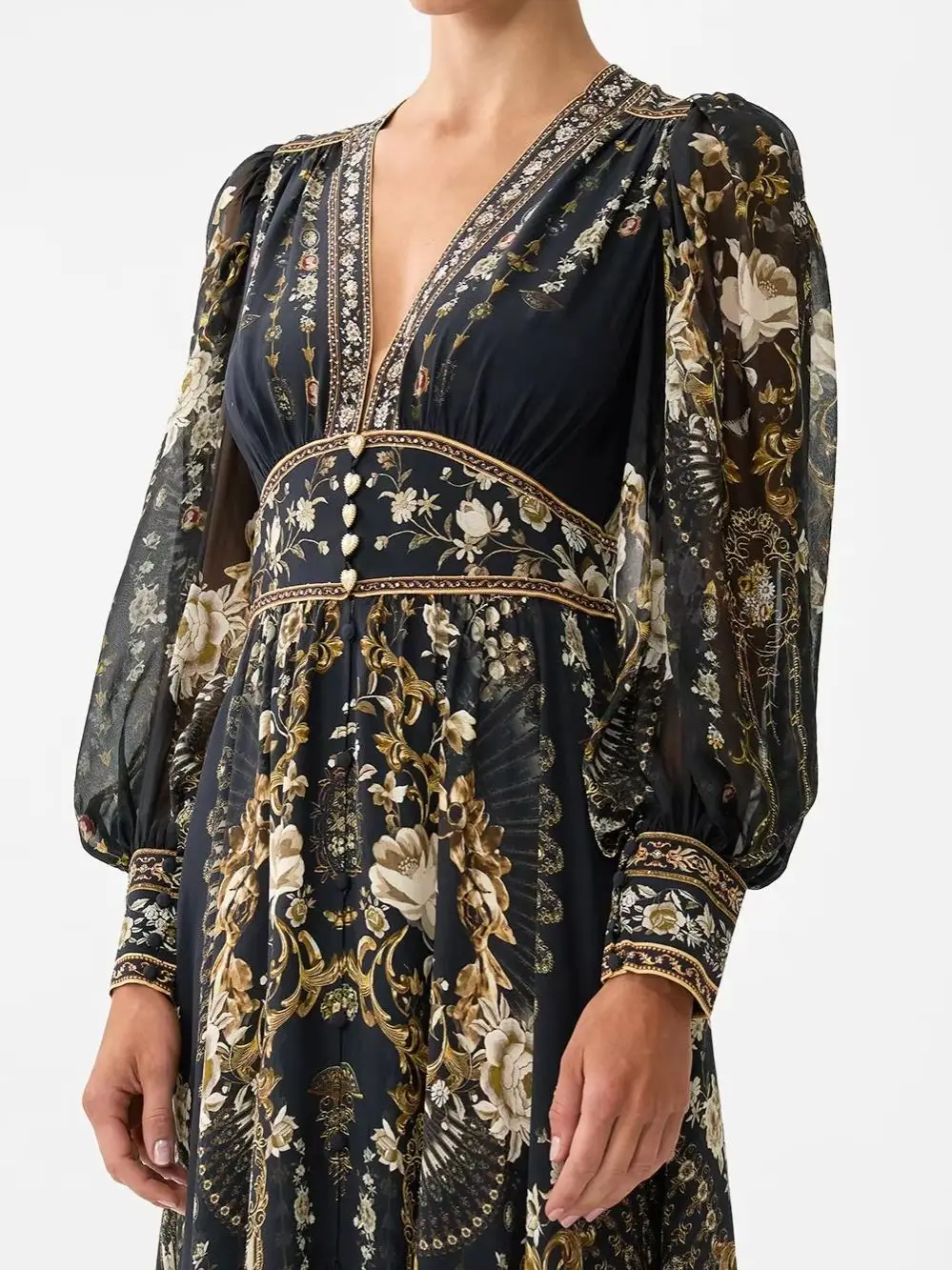 Crystal Beaded Women 100% Silk Maxi Dress Floral Printed V-Neck Elastic Waist Lantern Sleeve Vintage Black Robe
