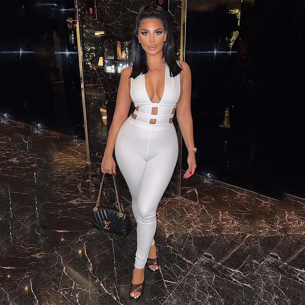 Sexy Nightclub Party Prom Club Banquet Hollow Splicing V-Neck Sleeveless Skinny Jumpsuit