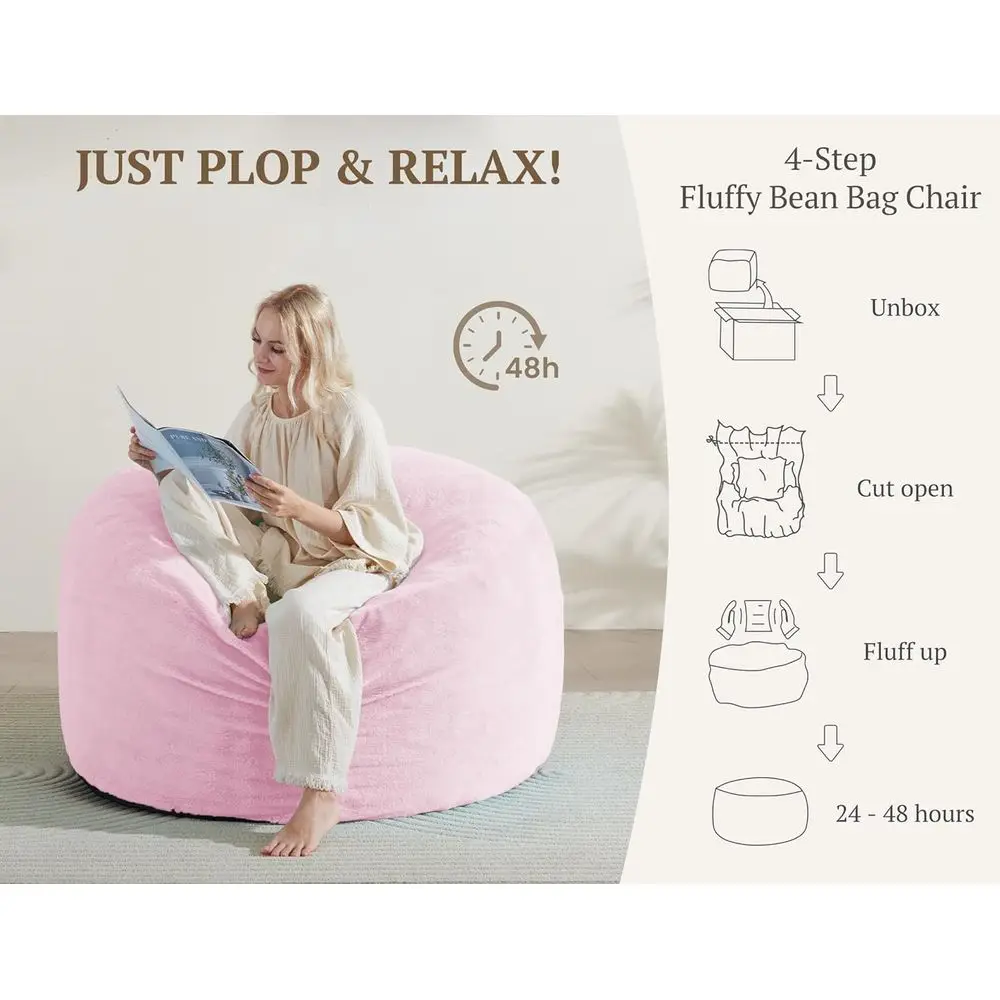 كراسي بين باج فاخرة من إسفنج الذاكرة المخملي للبالغين - كيس فول مريح للبالغين مع غطاء قابل للإزالة لغرفة المعيشة وغرفة النوم باللون الوردي #5