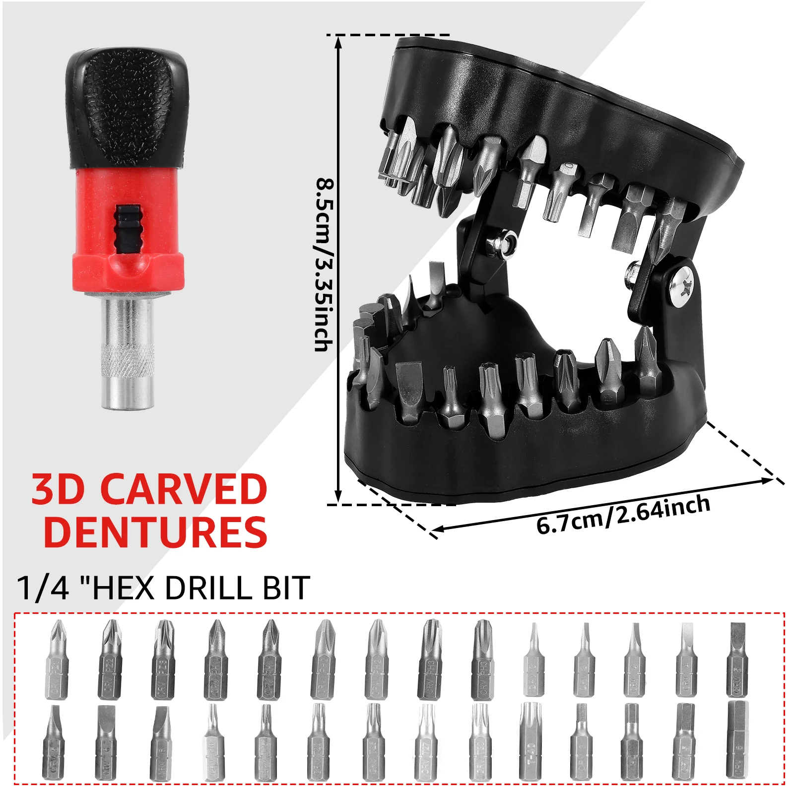 Denture Drill Bit Organizer,3D Sculpture Screwdriver Bit Holder 1/4inch Hex Bits Screw Driver Magnetic Gums with 28PCS Bits