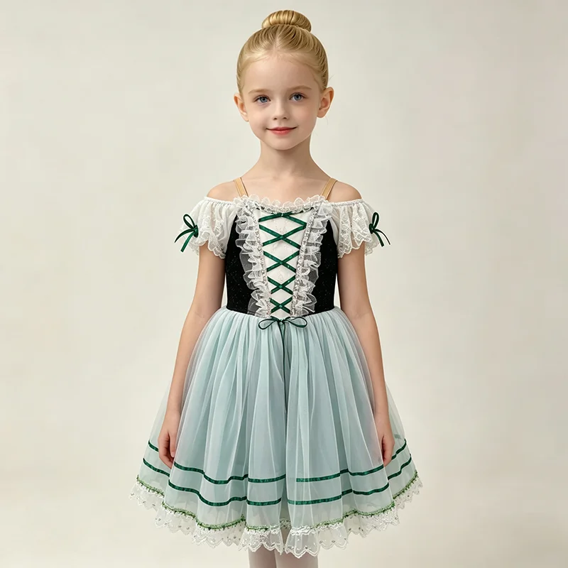 Kids black and green contrast off shoulder lace flutter sleeve lace-up bow ballet tutu green striped trim dance dress for folk b