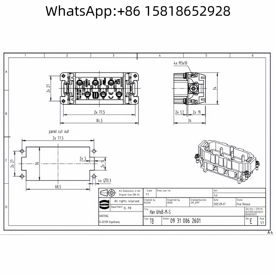 1pcs 09310062601 Germany Harding Heavy Duty Connector han 6 hsb 6 pins 35A high current