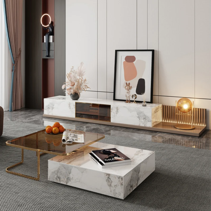 Modern Luxury Slate Living Room Furniture Cabinet TV Stand Stainless Steel +mdf+rock Plate+solid Wood+glass Wooden Storage