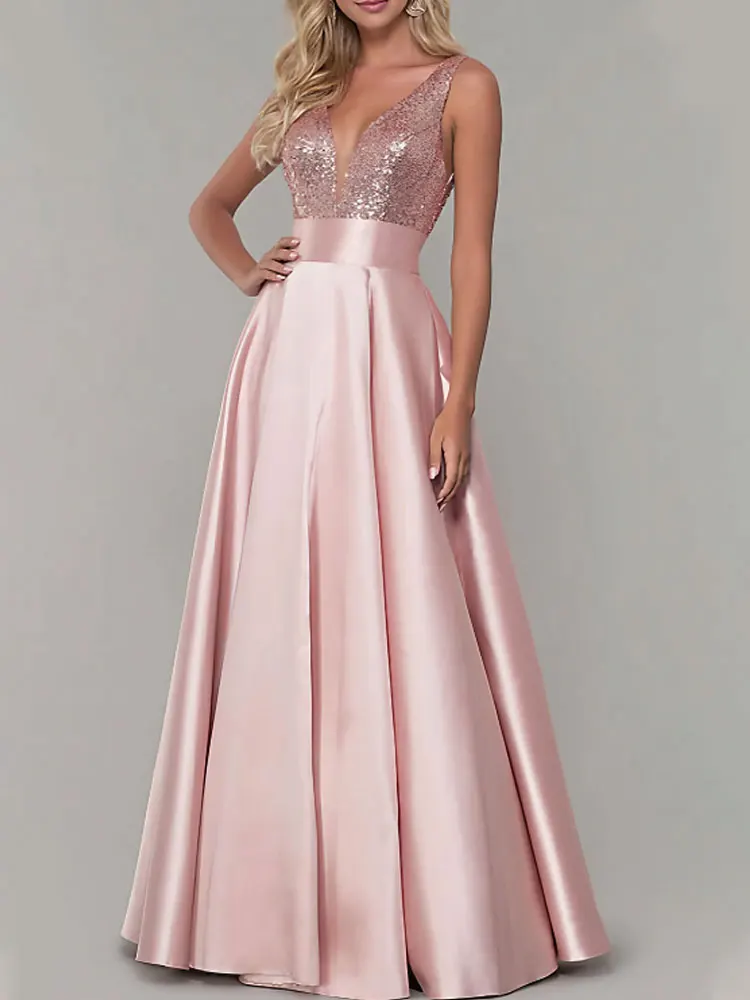 

Sparkle Dress Prom Formal Evening Dresses FloorLength Sleeveless V Neck Bridesmaid Dress Satin with Pleats Sequin Dresses