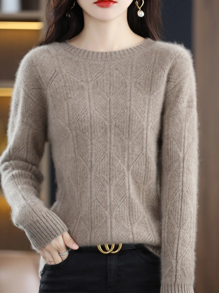 

New 100% Merino Wool Sweater Women's Loose Solid Pattern O-Neck Pullover Knitwear Cashmere Autumn Winter Warm Soft Cloth Tops