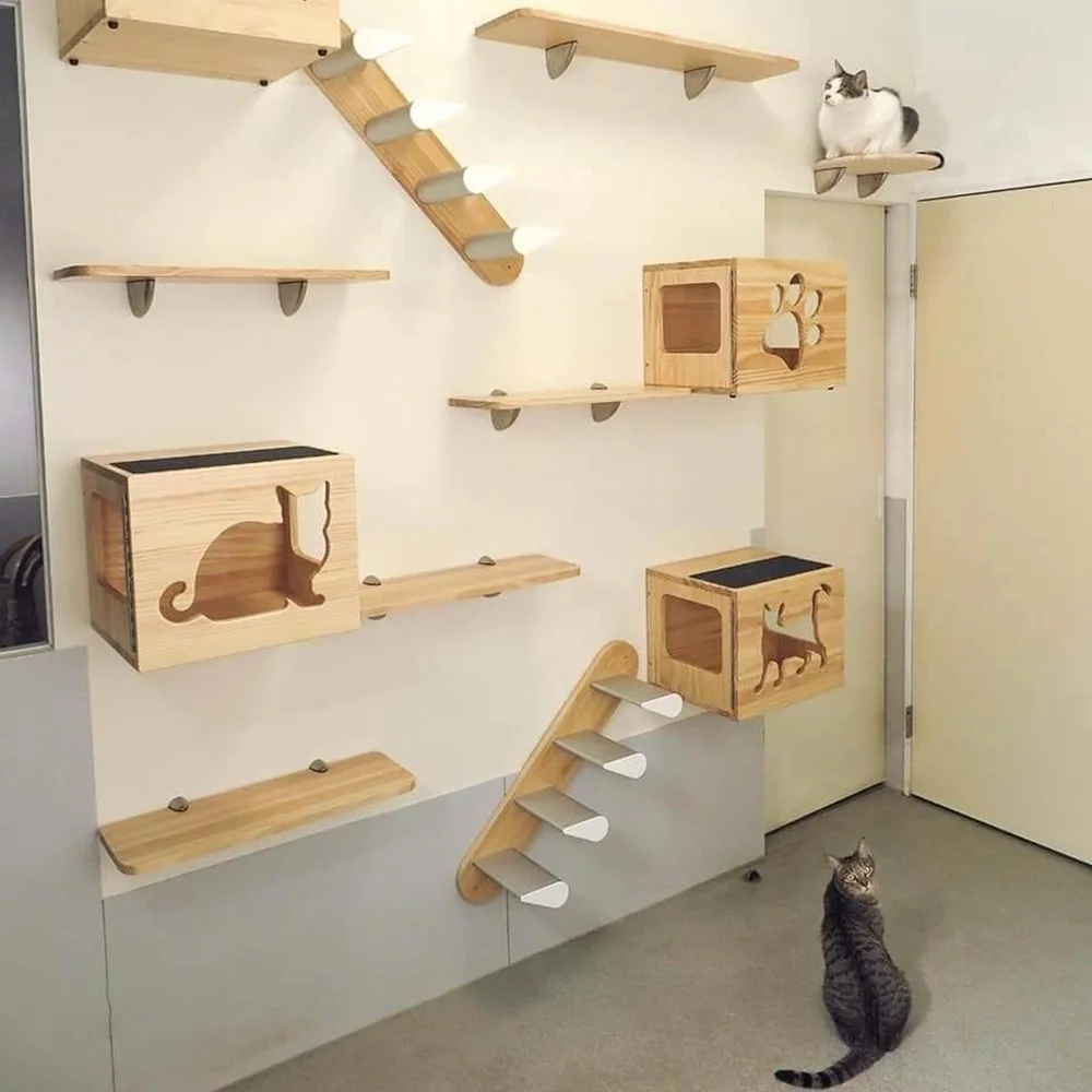 

Wall Mounted Wooden Cat House Furniture Scratcher Shelves Climbing Ladder Perch Cat Bridge and Jumping Platform for Kitten Play