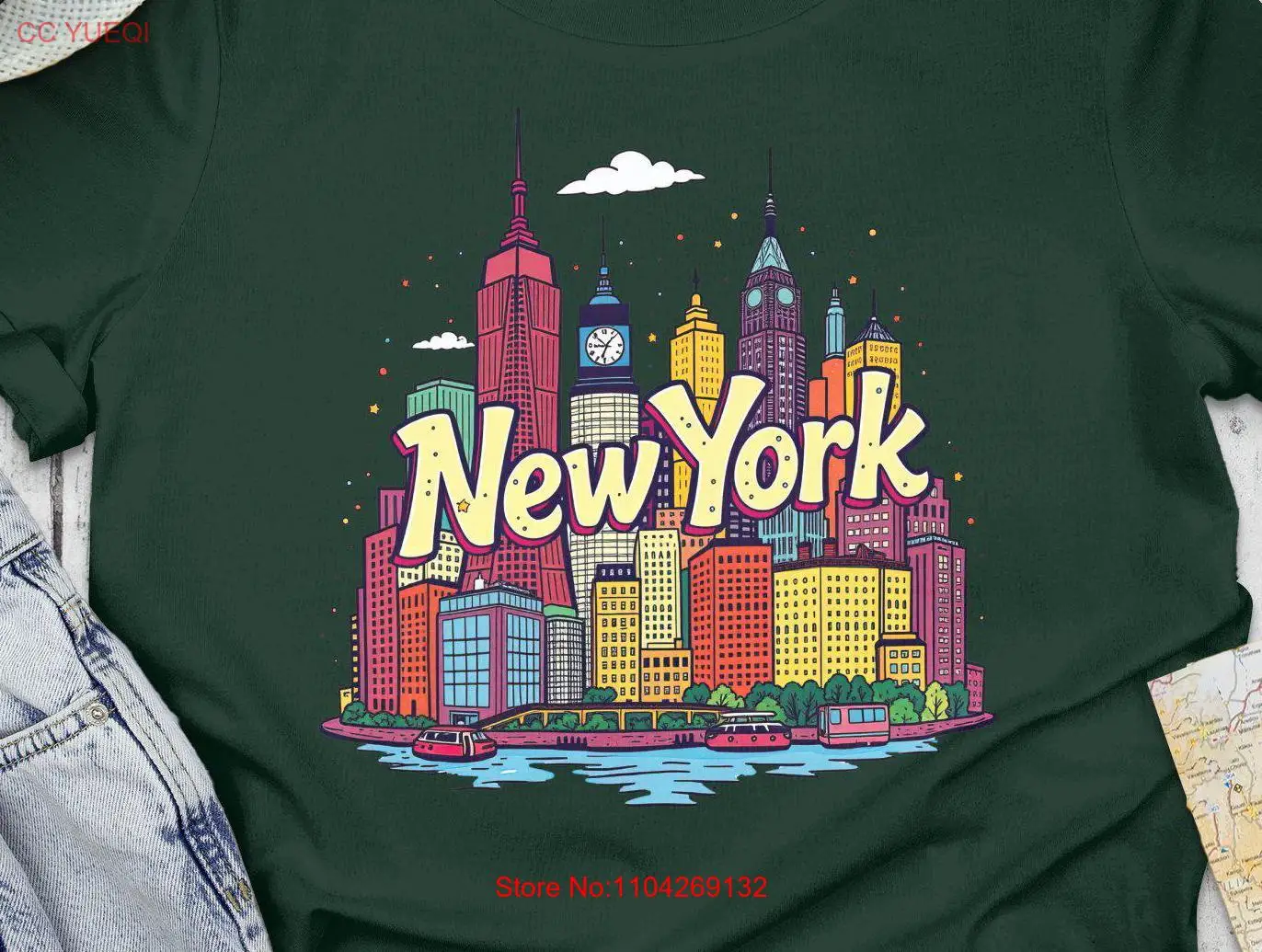 Camiseta del horizonte de la ciudad de Nueva York, colorida y vibrante, recuerdo de la NYC, paisaje urbano turístico, mangas largas o cortas