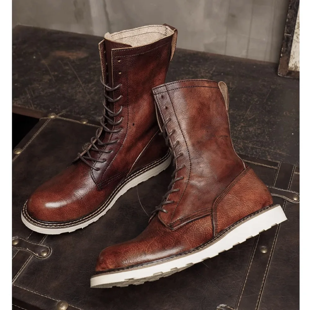 

Модные мужские мотоциклетные ботинки из коровьей кожи, туфли-броги в стиле ретро с высоким круглым носком до середины икры, ботинки челси в стиле вестерн