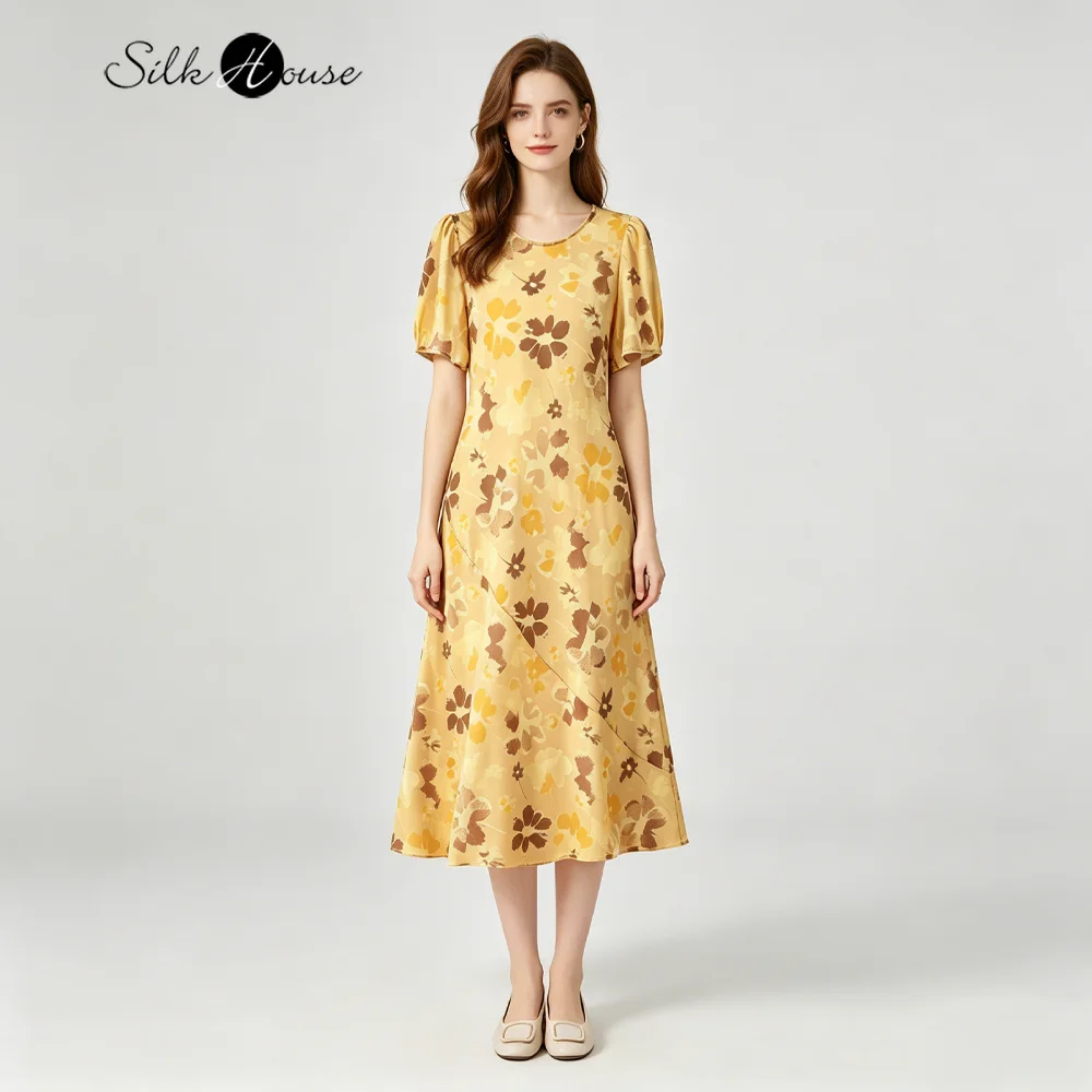 

Women's New Elegant 100% Natural Mulberry Silk Crepe De Chine Oblique Cut Round Neck Short Sleeved Slim Fit Printed Dress