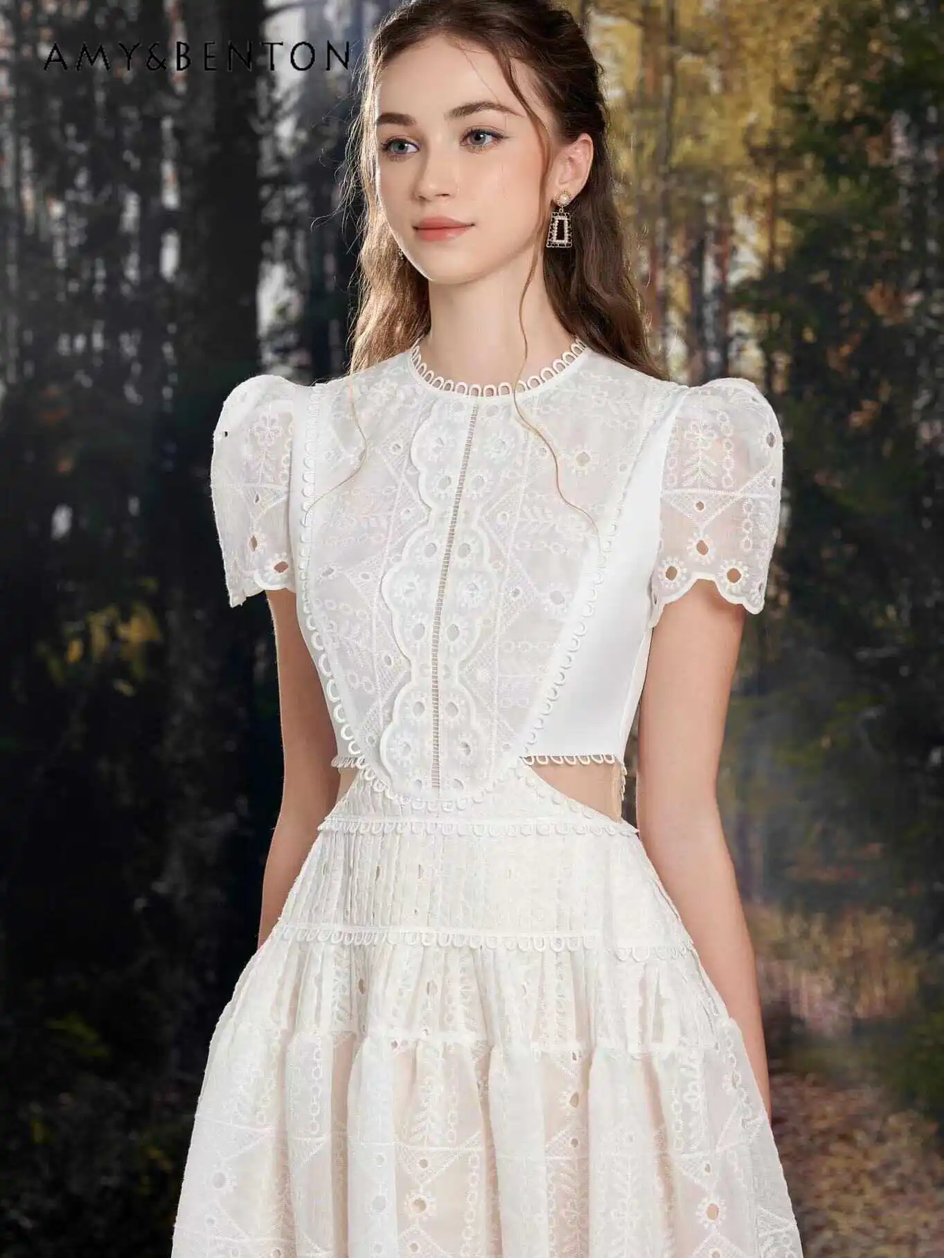 French Temperament Socialite Slim Large Swing White Dress Summer New Graceful Hollow Out Puff Sleeve Mid-Length Dress for Women