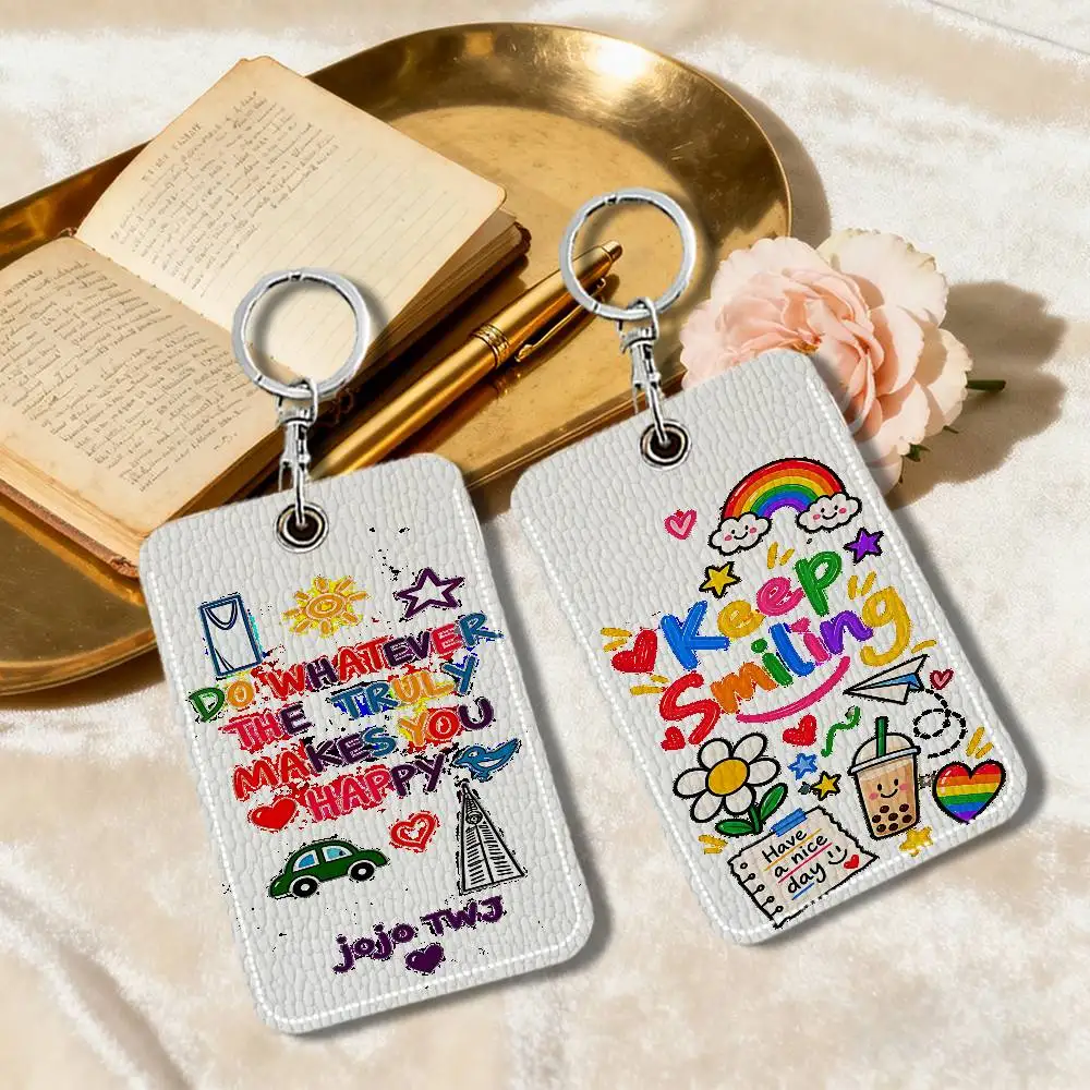 Happy Vibes PU Soft Leather Rectangular Keychain Card Holder, Badge Student ID Bus Elevator Card Protector, Fashion Accessory