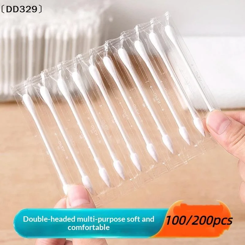 100/200Pcs Individually Packaged Disposable Cotton Swabs For Makeup Cleaning Ear Tips Travel Use〔DD329〕