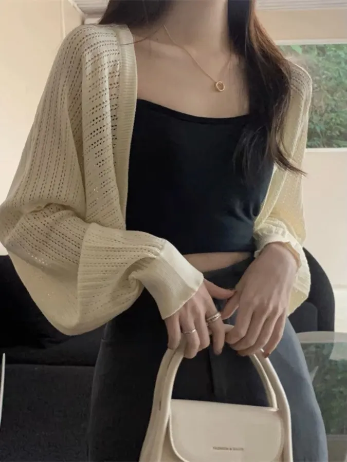 

Lightweight Hollow out Knitted Air Conditioned Cardigan ort Sve Long Sve V Ne Color Commute Sle Women's Top