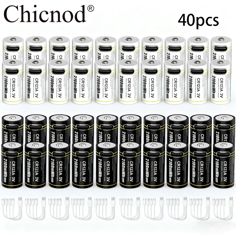 

CHICNOD 2-40PCS TYPE-C Rechargeable Li-ion Battery CR123A 3V 2100mWh Lithium Battery 3V Camera Battery CR17345 DL123A EL123A 123
