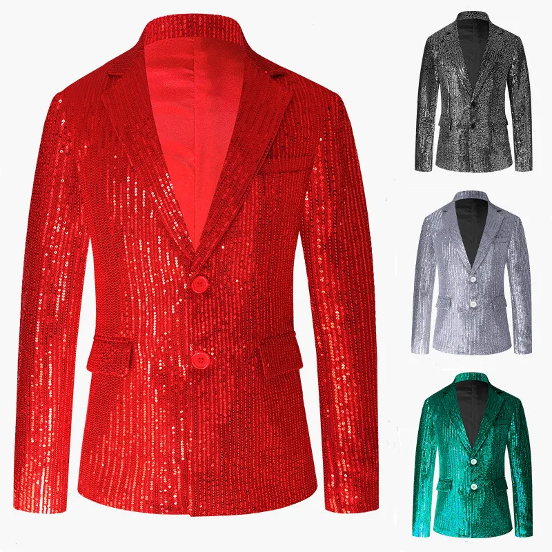 Men's Sequins Suit Jacket Solid Color Slim Nightclub Bar Male Singer Stage Performance Festival Party Shiny Silver Blazer Tuxedo