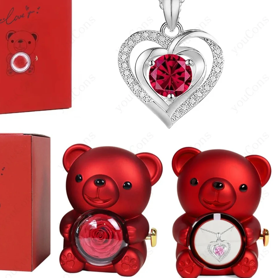 

Милые подвески-сердечки для женщин с медведем и розой в подарочной коробке — идеальный подарок на День святого Валентина, Рождество, свадьбу, день рождения