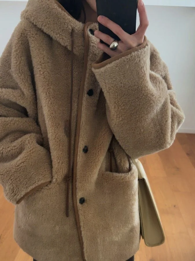 Korean Style Warmth Retro Lamb Fur Jacket Hooded Coat Drawstring Closure Integrated Leather And Fur Women's Outerwear
