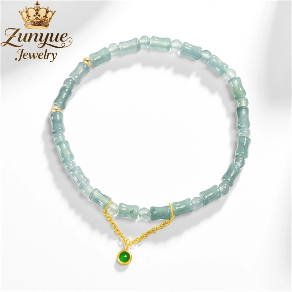 

High-End Natural A-Grade Jadeite Blue Water Bamboo Joint Bracelet S925 Silver Inlaid Ice-Type Jade Jewelry Charms Exquisite Gift