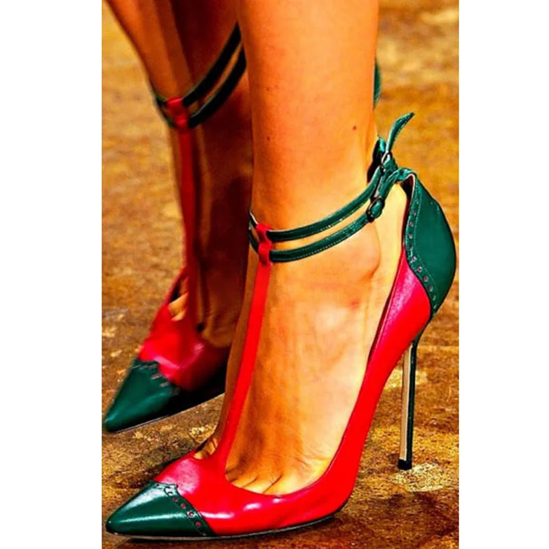 

Sexy Army Green Red Contrast Color T- Strap High Heels Pumps Women Brogue Pointed Toe Genuine Leather Mixed Color Pump Shoes