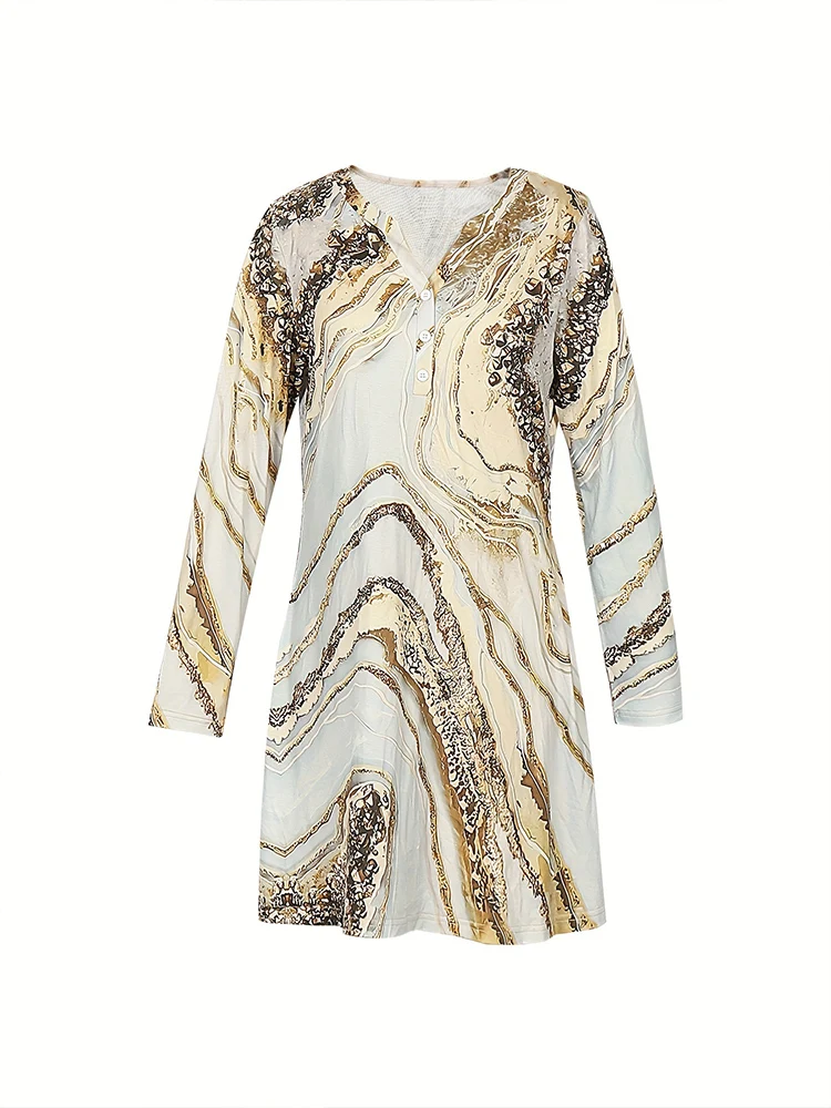 2025 Spring and Summer New Women's Asymmetric Printed V-neck Dress Button Long Sleeve Loose Casual Dress Basic Office Outdoor