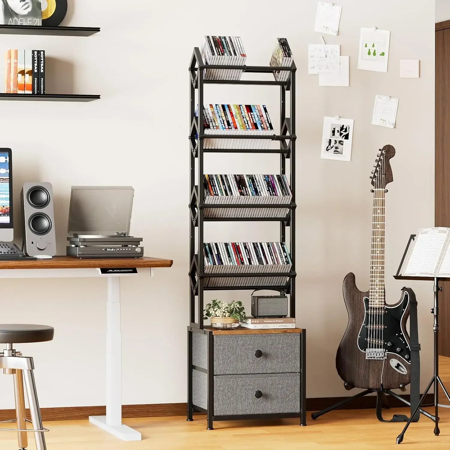 CD Storage Rack with Drawers, 5-Tier Media Organizer DVD Storage Shelf, Large Capacity for CD/DVD, Books & Games, Ideal for Livi