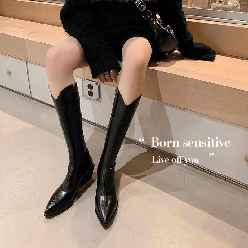 MKKHOU Fashion Knee High Women Boots New High Quality V Mouth Real Leather Straight Boots Daily Commuter Winter Long Boots