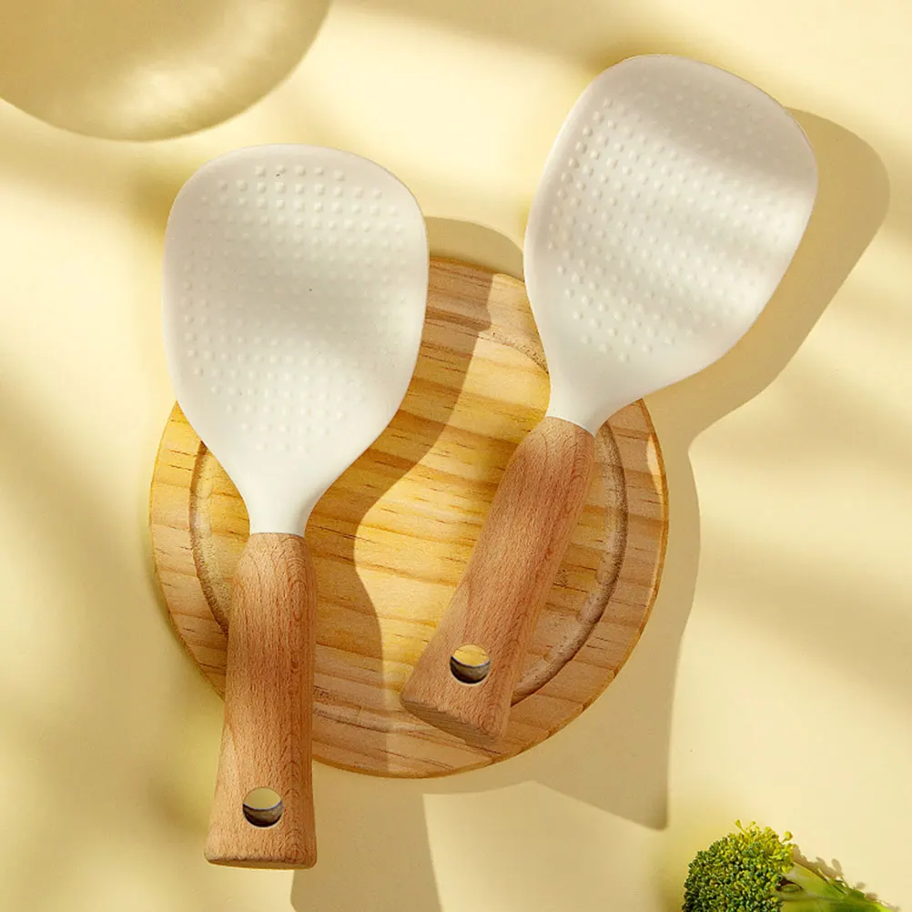 

Silicone Rice Paddle Wooden Handle Rice Scoop Non Stick Heat Resistant Kitchen Utensil Serving Spoon Multipurpose Scoop
