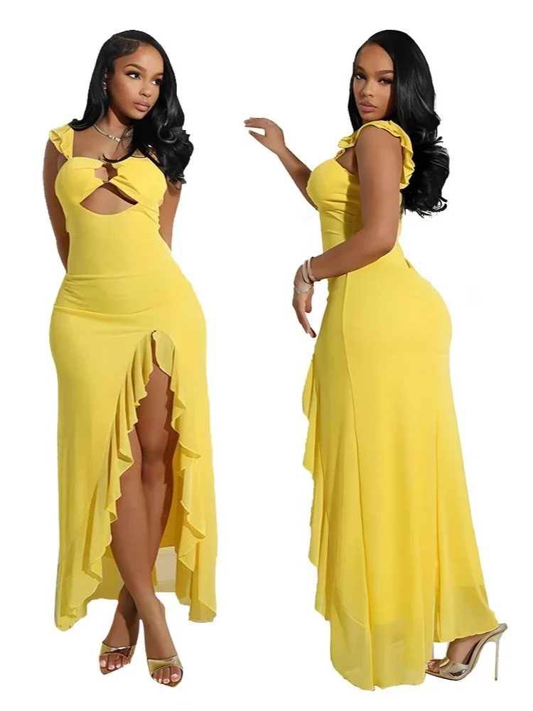 Elegante cut-out O Rings Dettagli Abiti lunghi Abiti da festa senza maniche con volant da donna Night Out Abiti Clubwear sexy 2025 Nuovo