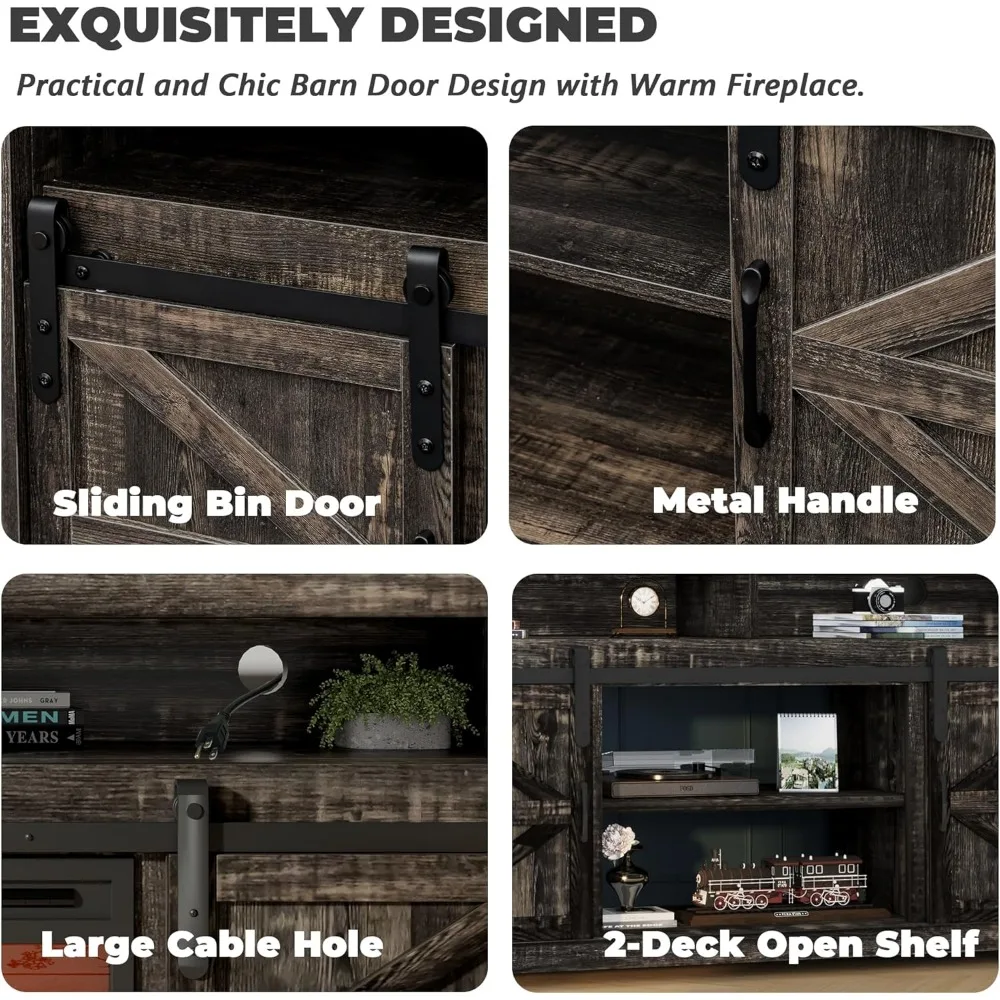 70インチテレビ対応 電気暖炉付きエンターテイメントセンター - ブラウンの背の高いファームハウススタイルのテレビ台（収納付き、暖炉機能付き）