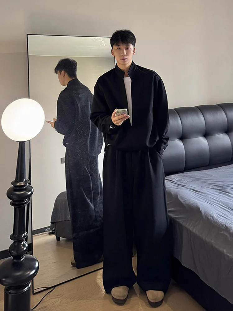 Grey Layered Hoodie Set Men's Autumn Lazy Style Loose Wide Leg Pants Casual Outfit Whole Set Long Sleeve Long Pants Other Mat...