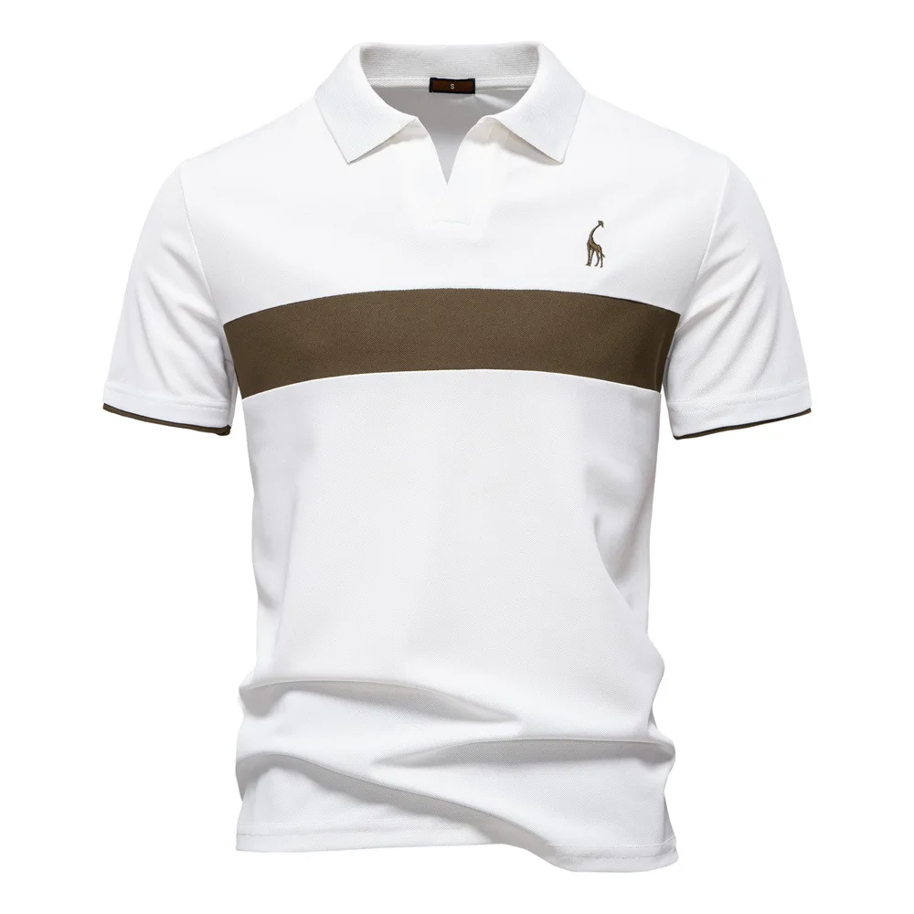 

Men's Summer V-Neck Striped Polo Shirt Breathable Slim Fit Polo Shirts for Men Lightweight Casual Embroidery Athletic Polo