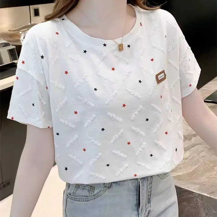 Chic Short Sleeve T-Shirt 2023 Summer  Women\'s Loose White  Top Letter Print Three-dimensional Decoration