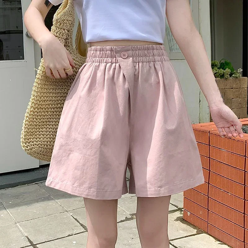 2025 레이디 클래식 원 버튼 짧은 바지 소녀 편안한 하이 웨이스트 워시 코튼 반바지 여성 한국 캐주얼 휴가 바지