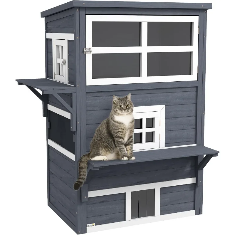 3-Story Cat House Feral Cat Shelter, Outdoor Kitten Condo with Raised Floor, Asphalt Roof, Escape Doors,  Dark Gray