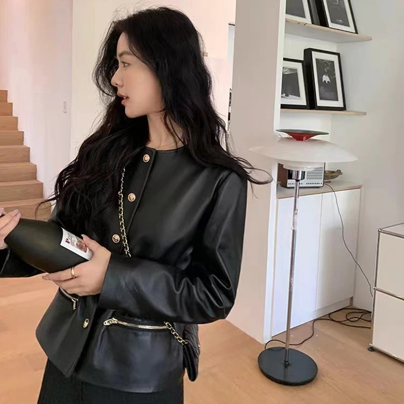 Women Pu Leather Jacket Spring Autumn Fashion Cinched Waist Single Breasted Coats Elegant Office Lady O Neck All Match Outwear