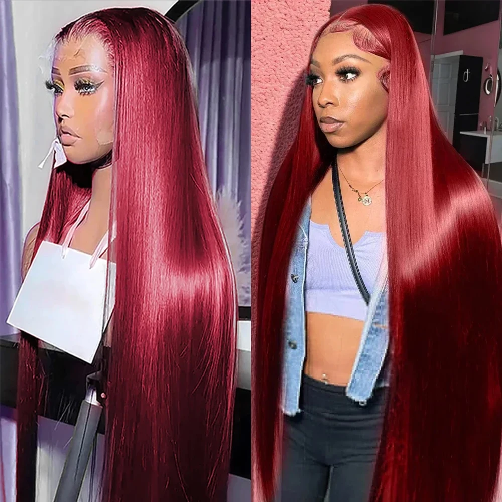 

200% 99J Burgundy Straight 13x6 HD Lace Frontal Human Hair Wigs Brazilian Red Colored 13x4 Lace Frontal Wigs 36 Inches For Women