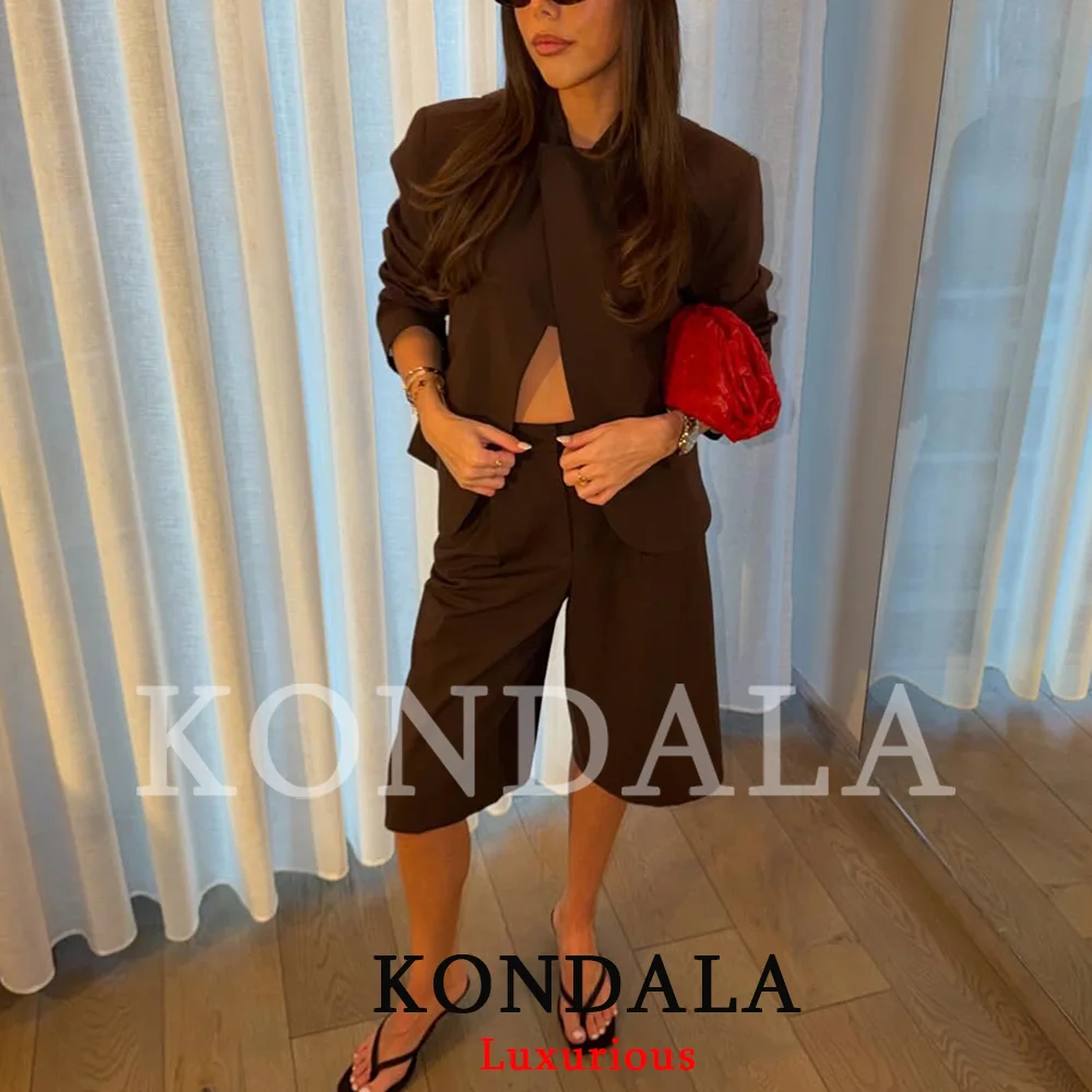 

Женский деловой повседневный костюм KONDALA: шикарный коричневый блейзер с длинным рукавом и брюки на молнии, модный комплект Весна-Лето 2026