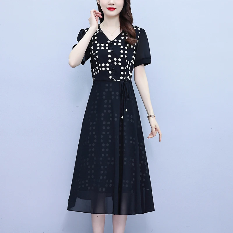 Women Chiffon Dresses Summer Female V Neck Short Sleeve Large Size Elegant Dot Printed Calf Length Black Fake Two Pieces Vestido