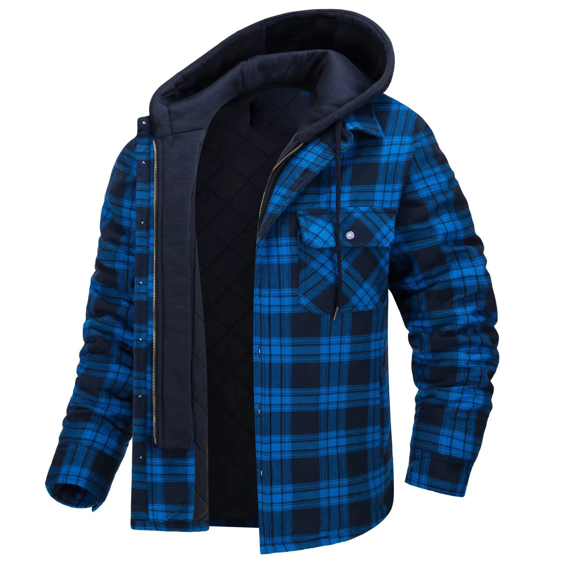 Men's Fall and Winter Thick and Warm Plaid Long Sleeve Hooded Coat Loose Fitting Jacket