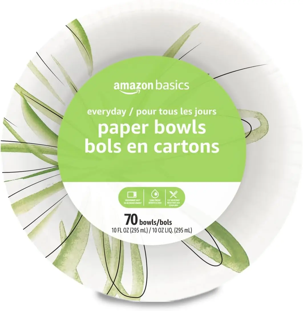 Disposable Paper Bowls 10 oz, Microwave Safe, Soak Proof, White, 70 Count for Parties and Everyday Use