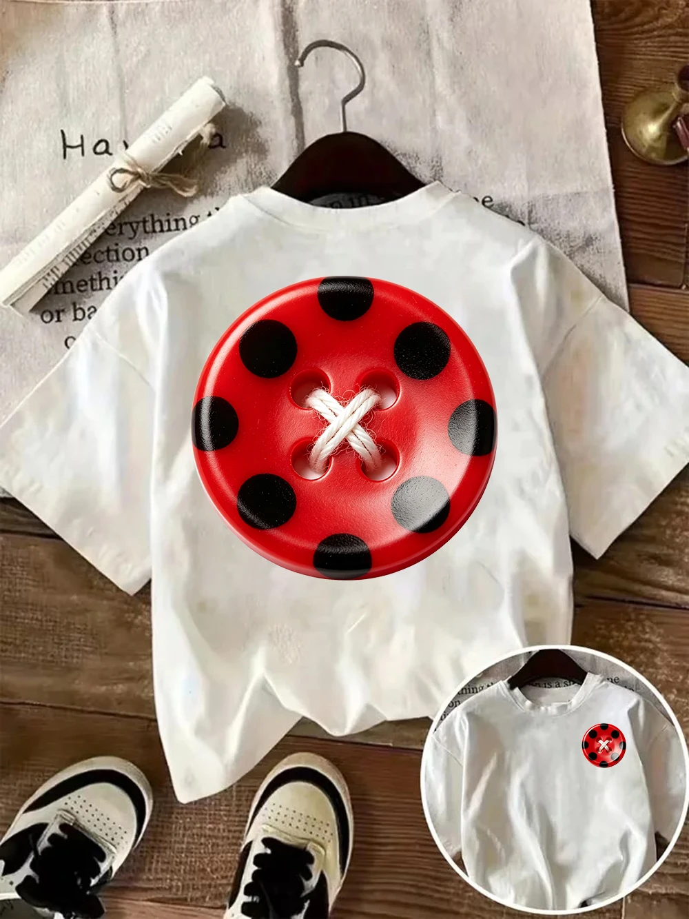 

Polka Dot Button Print Women T Shirt Cute Graphic Tee Casual Short Sleeve O Neck Loose Harajuku Summer Streetwear Top Y2k
