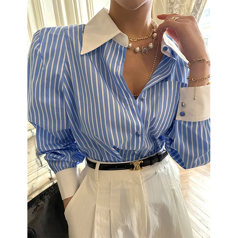 Elegant Striped Shirts Women Streetwear Patchwork Long Sleeve Blouses Ladies Korean Fashion Single Breasted Loose Causal Tops