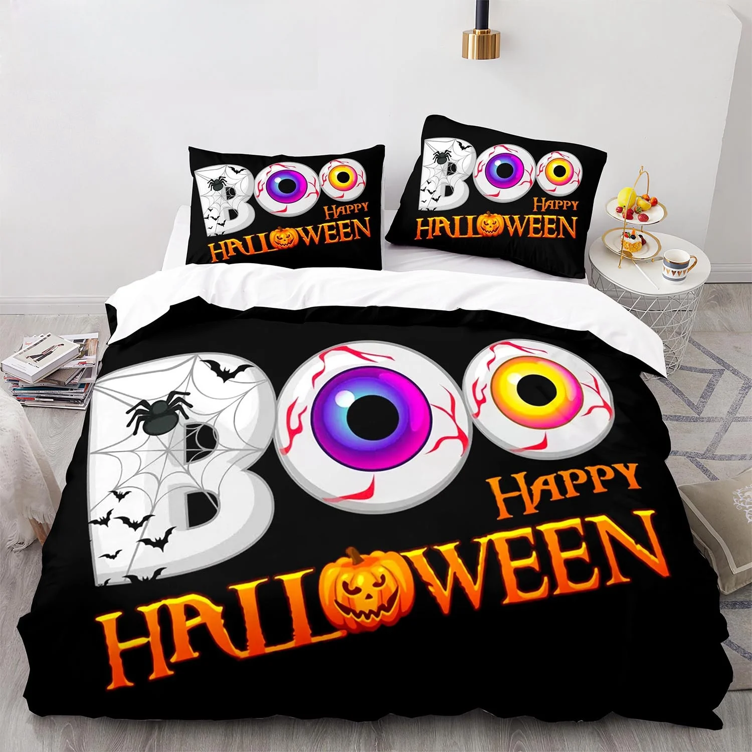 

New 3D Print Halloween Boo Cartoon Bedding Set,Duvet Cover Bed Set Quilt Cover Pillowcase,King Queen Twin Size Boys Girls Adults