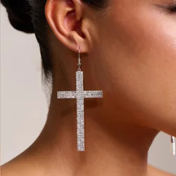 Stonefans Cross Pendant Ear Hook Earrings Personality Jewelry for Women Fashion Rhinestone Oversize Dangle Earrings Bridal Gift