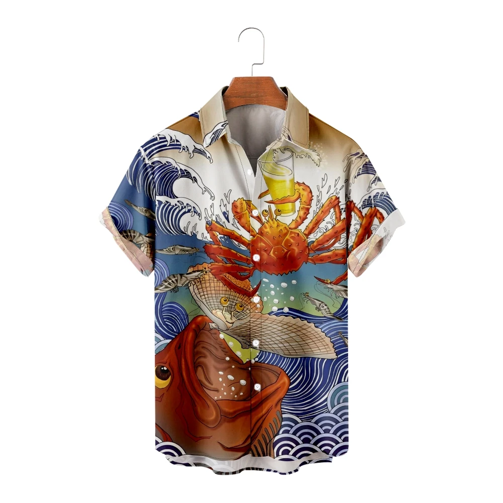 

Hawaiian Shirts for Men Cool Japanese Style Short Sleeve Shirts Summer Fish and Crab Tops Breathable