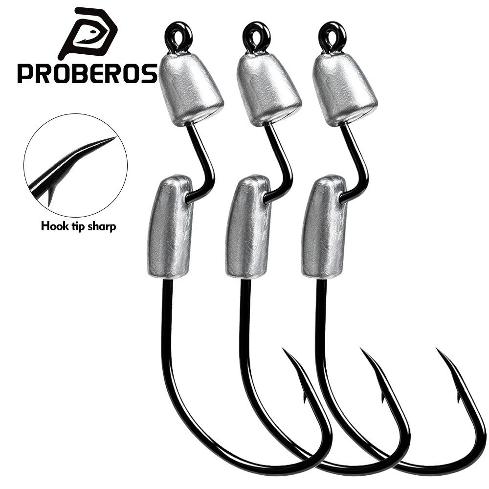 PROBEROS 10pcs Double Sinker Lead Head Jig Hooks Wide Gap Offset Fishing Hooks Soft Lure Worm Bait Saltwater Bass Fishing Tackle