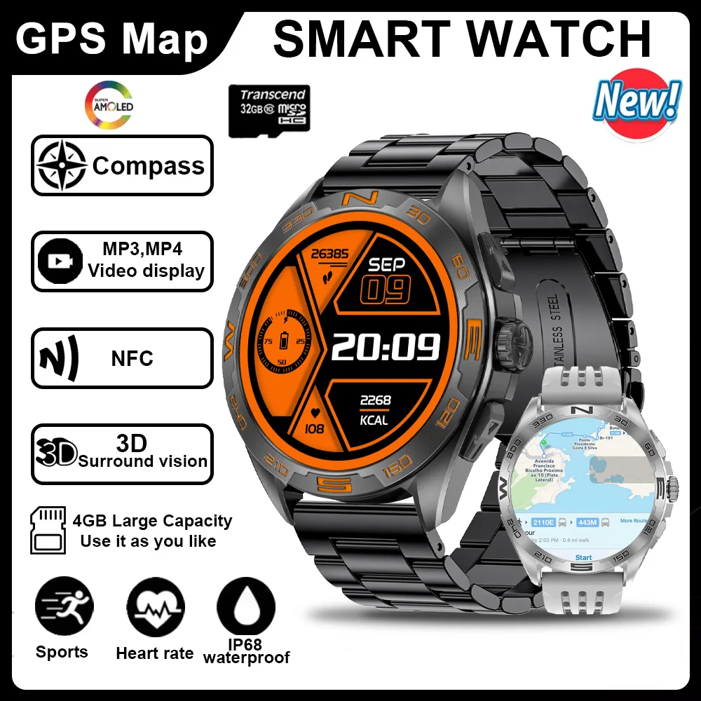 2025New حار Smartwatch الرجال GPS خريطة الملاحة 4G الذاكرة HD تسجيل المكالمات شاشة AMOLED Chatgpt الرياضة مقاوم للماء SmartWatch #1