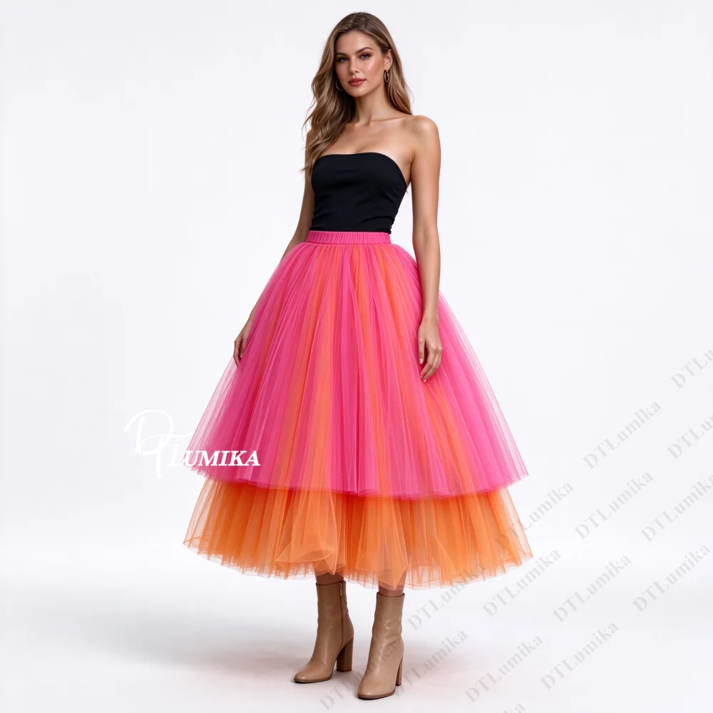 Contrast Color Layered Skirt Women’s Pink Orange Tulle Midi Skirt Elastic Waist Fluffy A-Line Skirt Customized Fashion Dress