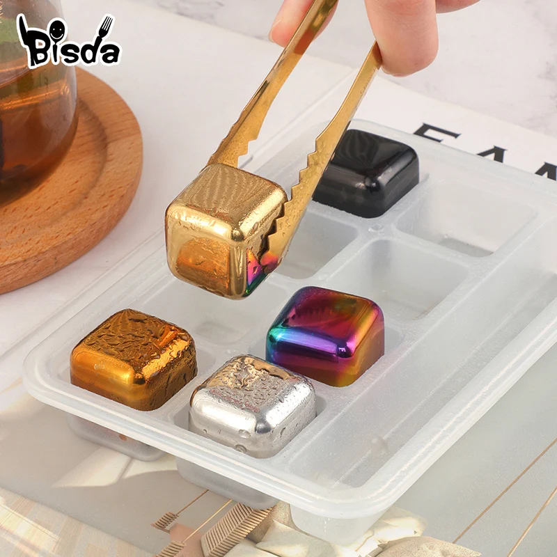 4/6/8Pcs Stainless Steel Ice Cubes and Small Clip with Plastic Box Ice Coffee Whisky Bar Wine Cool Tools Drink Freezer Reusable