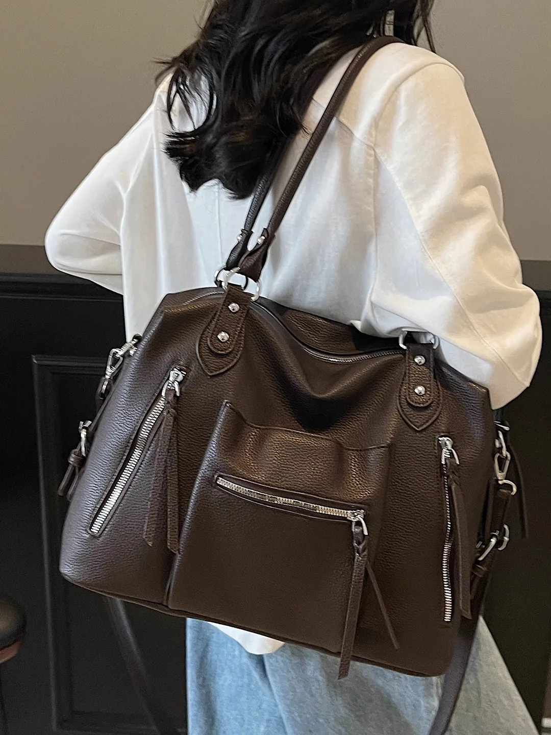 

Retro Large Capaci Motorcycle Bag Women's Casual Crossbody Handbag Tote Bag Briti Sle Polyester Zipper Closure